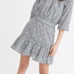 Madewell Embroidered Tiered Navy & White Gingham Check Skirt 1X